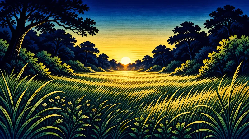 A wide digital landscape showing a grassy field bathed in golden sunset light with silhouetted trees on the sides
