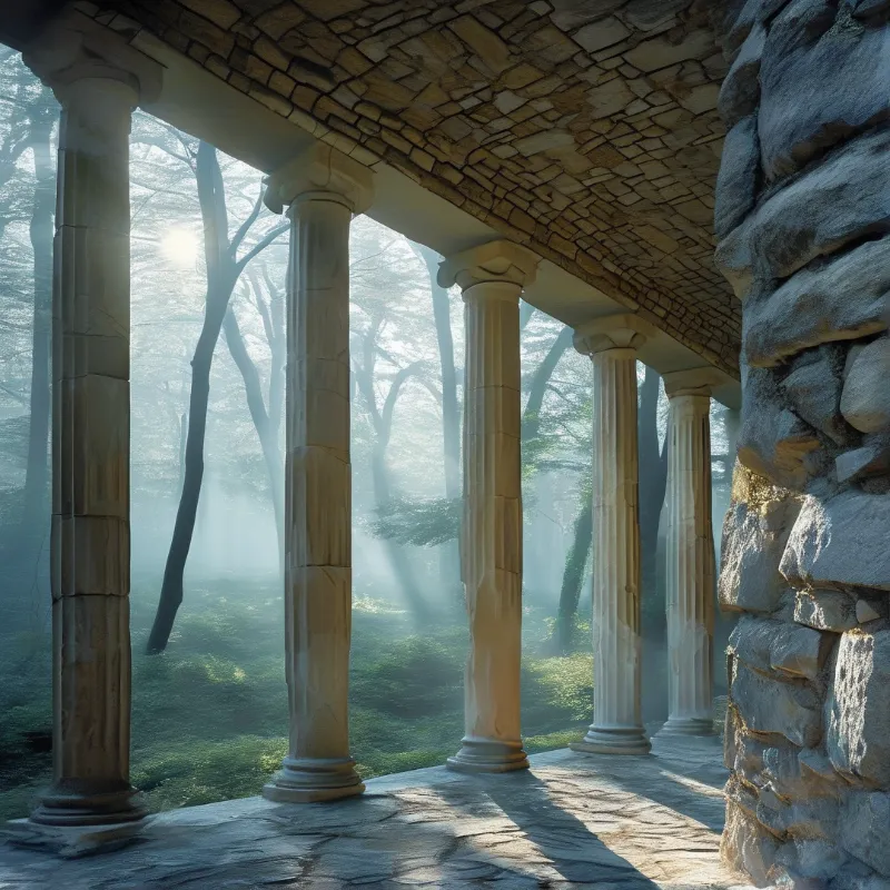 Ancient Columns in Misty Forest