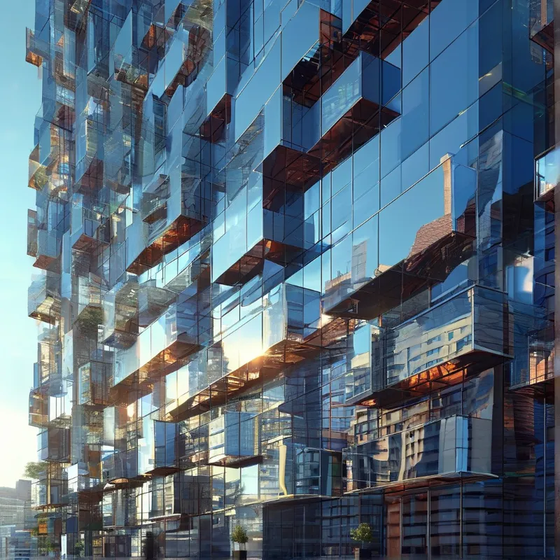 Low angle view of a modern building with protruding glass boxes mirroring the sky and sun.