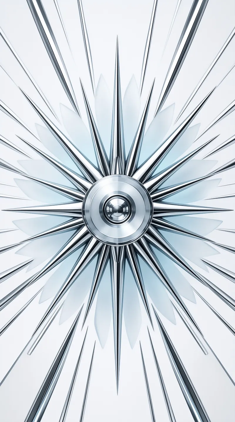 A polished metallic starburst with sharp outward spines and frosted translucent petal shapes on a pale neutral background.