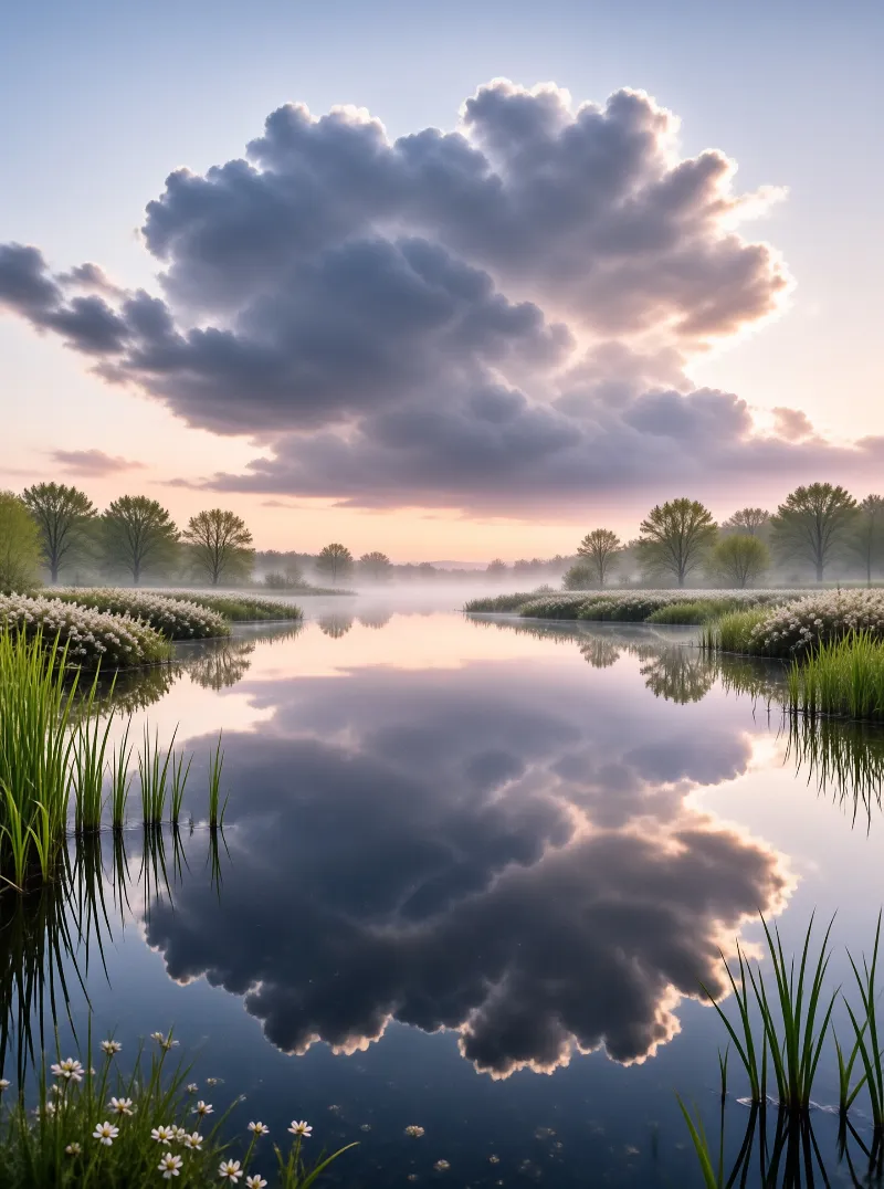 Misty Sunset Lake Reflection