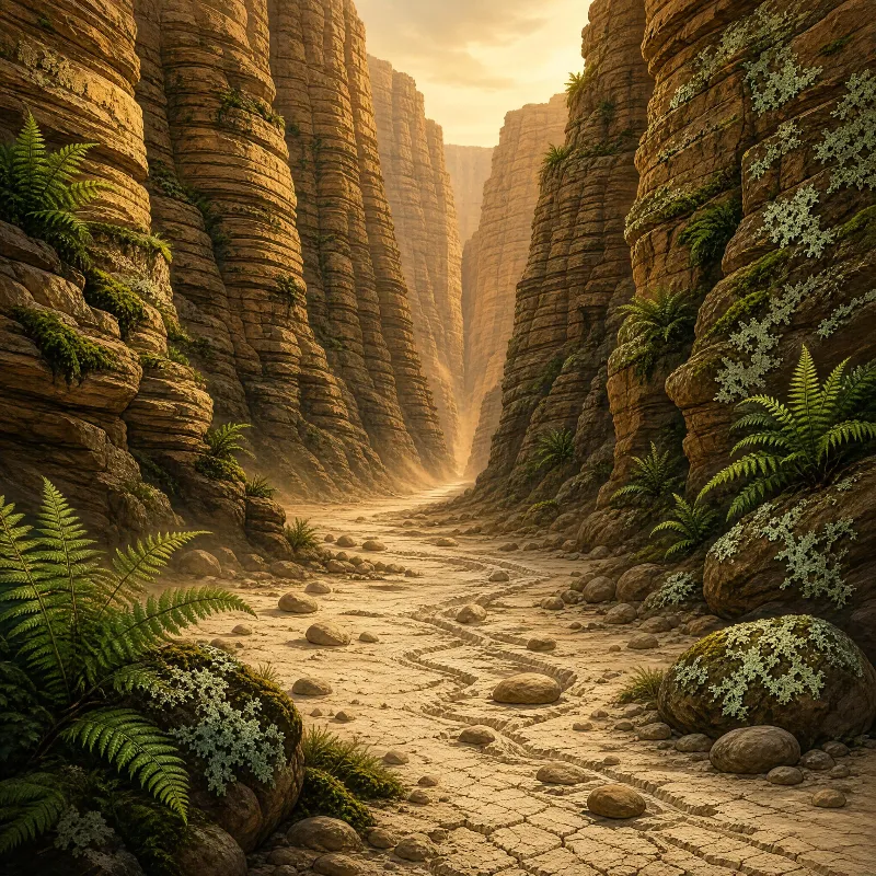 A canyon with tall layered rock columns surrounded by ferns and lichen, bathed in warm golden light