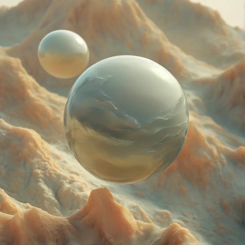 Two glossy spheres hover above orange sand dunes in soft warm light, the larger orb mirrors the textured terrain.