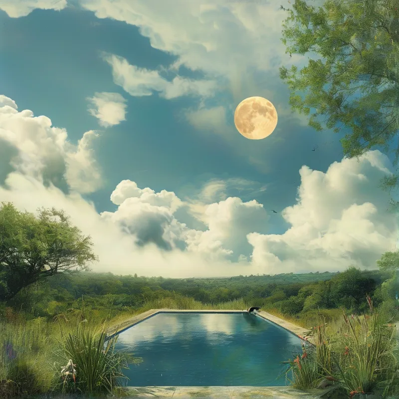 A blue swimming pool sits in a wild grassy field under a large full moon visible in a cloudy blue sky.