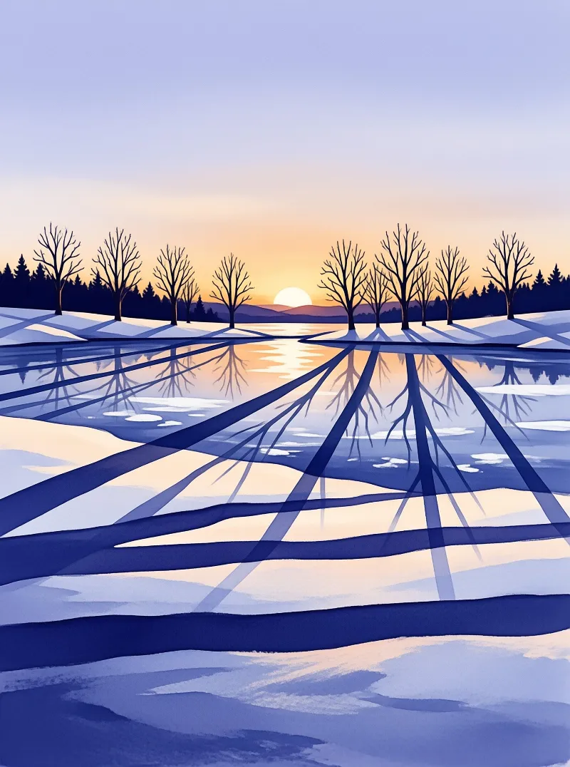 Winter landscape of bare trees on a frozen lake as sunset casts long shadows on snow.