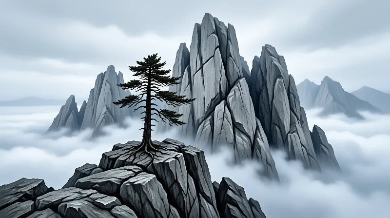 A slender conifer roots on a fractured crag while pale mist pools beneath jagged grey summits
