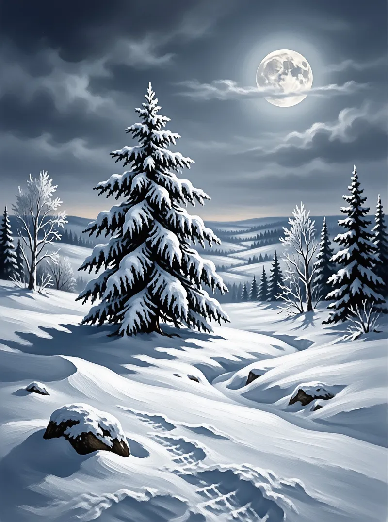 A snowy winter landscape features a large evergreen tree under a bright full moon with blue and white tones