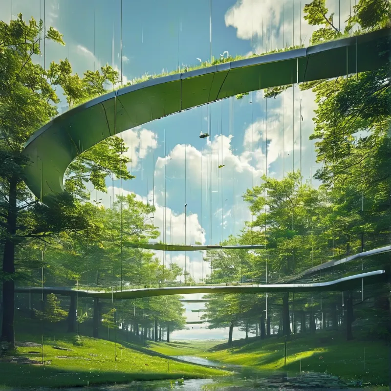 A futuristic green bridge curves through a dense forest, reflecting the blue sky and white clouds in its transparent surface.