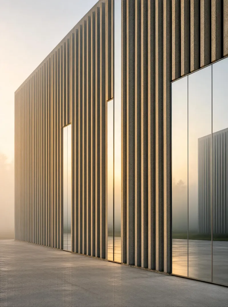 A modern building with concrete slatted walls and large glass panels, bathed in soft early morning light with a misty background