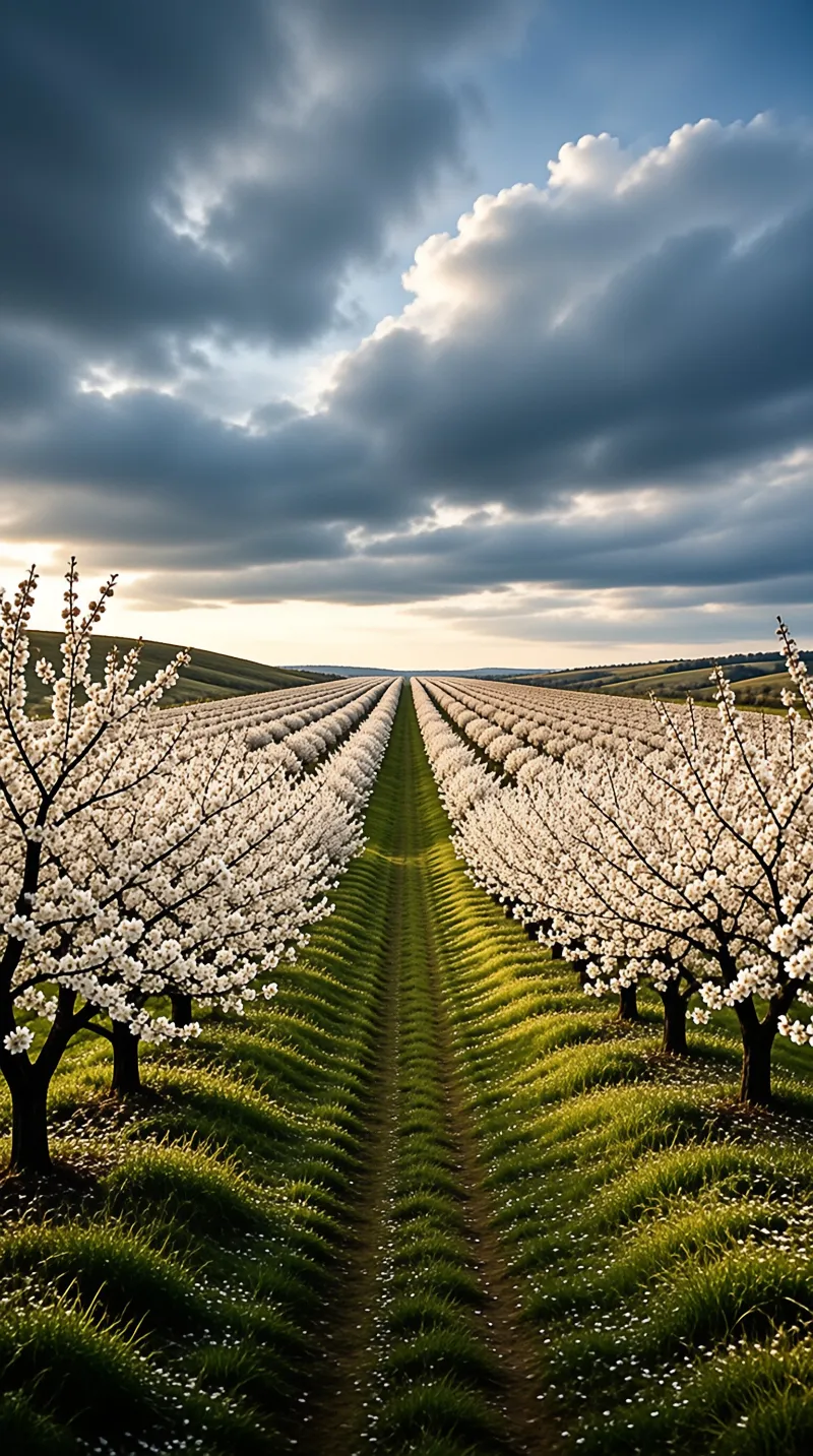 Long lines of white flowering trees march toward a flat horizon beneath heavy grey cloud lit from behind.