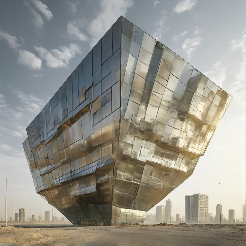 A huge faceted glass building reflects sunlight on a desert plain, with a distant city skyline behind it.