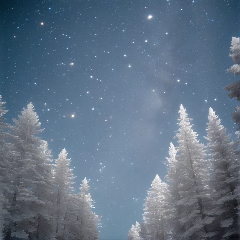 Tall snow-covered pine trees rise against a vast dark blue night sky scattered with bright glowing stars.