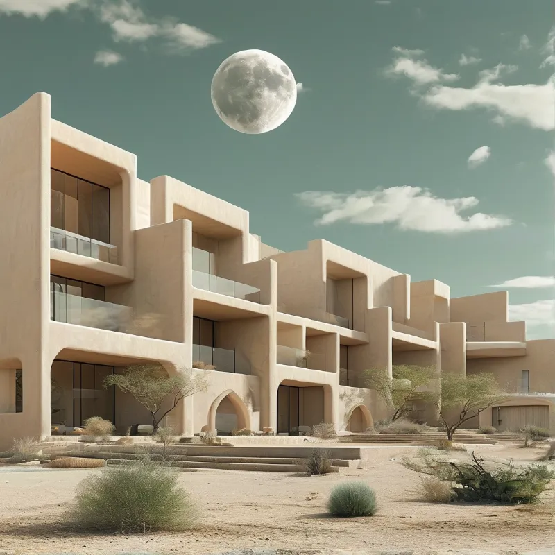 Geometric sandy building with glass balconies in desert under teal sky with large moon and clouds