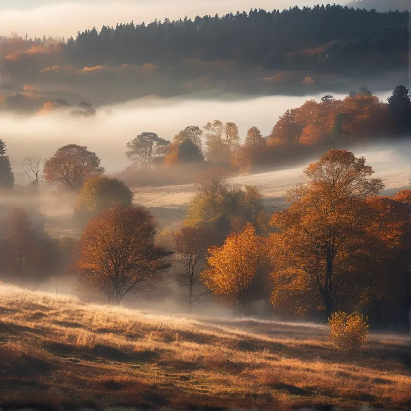 Golden autumn trees dot a misty valley as low sunrise light warms the hills.