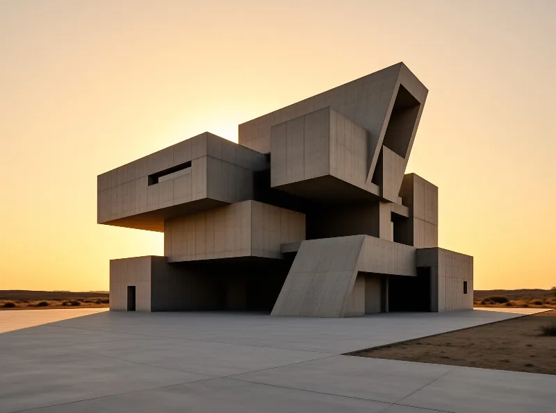 A massive geometric concrete building stands isolated on a flat desert plain under a glowing orange sky.