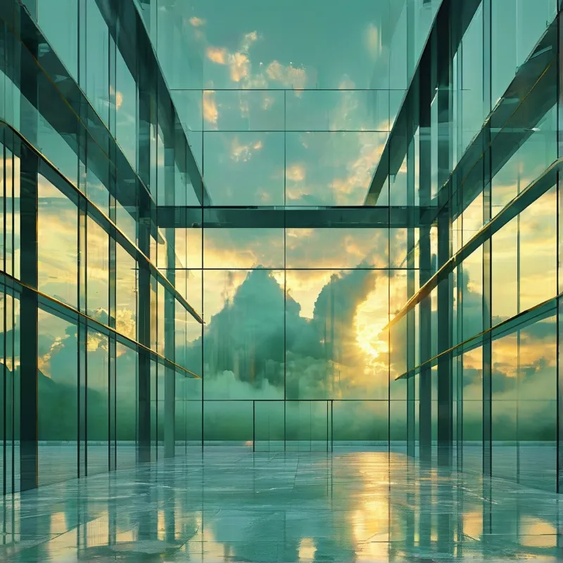 A futuristic interior with large glass panels reflecting a warm sunset sky filled with clouds.