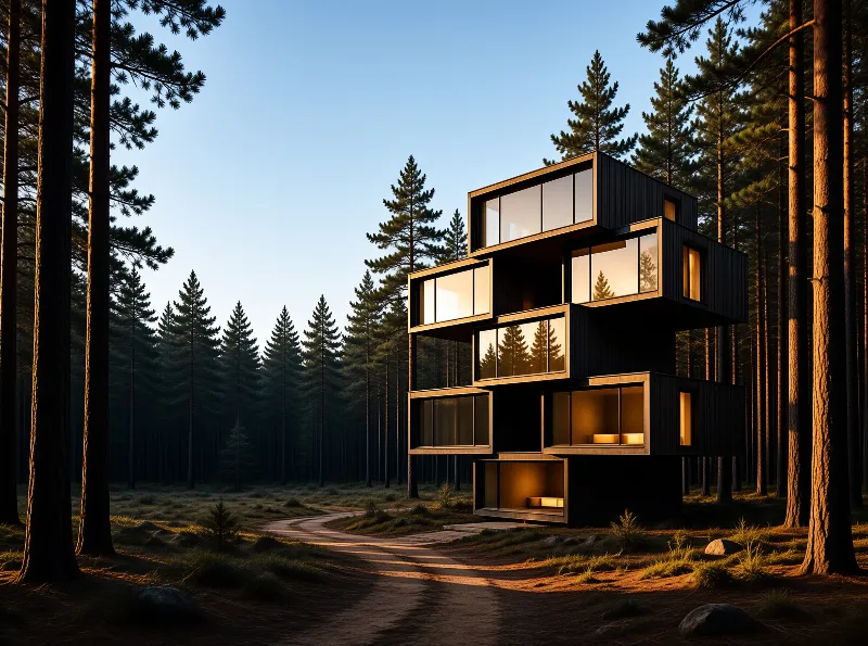 A stacked dark timber house with glowing windows stands in a pine forest at sunset
