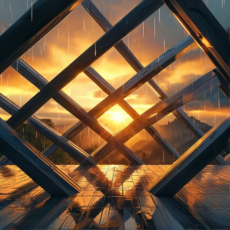 Rain falls through a geometric wooden lattice structure framing a brilliant golden sunset above a reflective wet wooden deck
