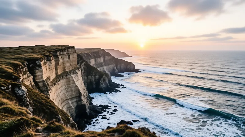 Cream and beige cliff layers drop to a rolling sea while warm clouds glow above the low sun.