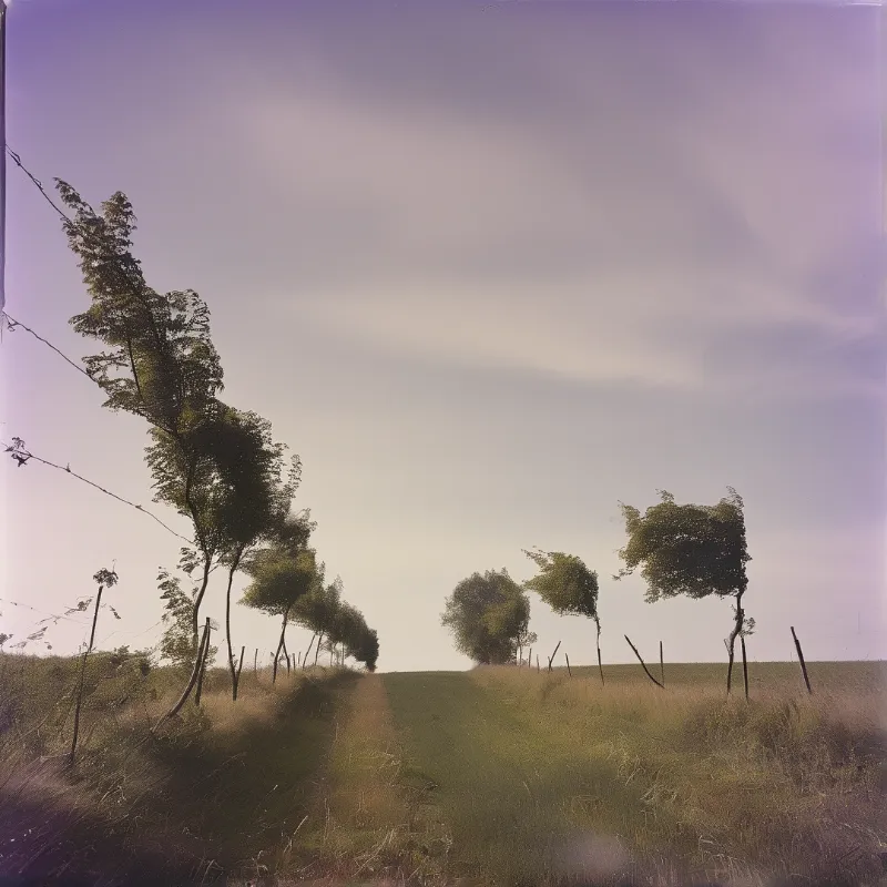 Strong winds shaped these trees leaning right along a rural fence line under a hazy purple sky.
