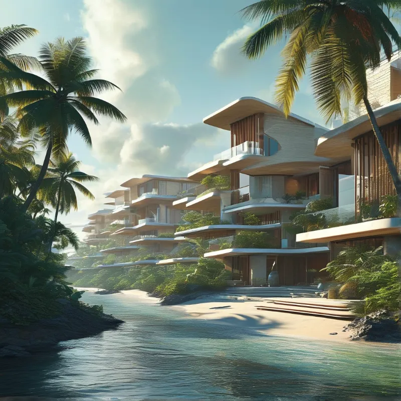 Contemporary beachside buildings with curved balconies and palm trees stand along a turquoise shoreline in bright daylight.