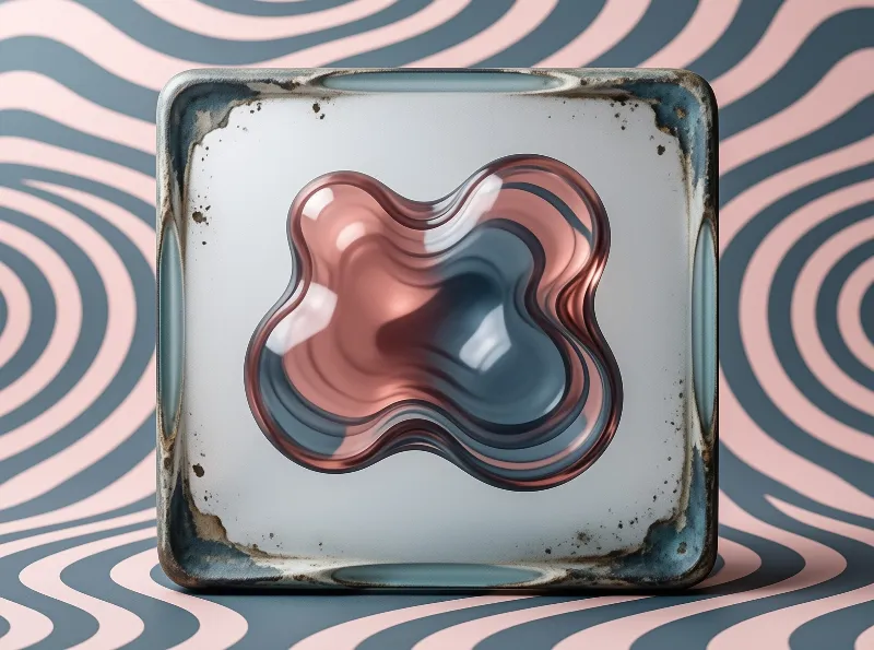 A distressed tile holds a glossy amorphous shape of copper and blue glass against pink and grey wavy stripes.