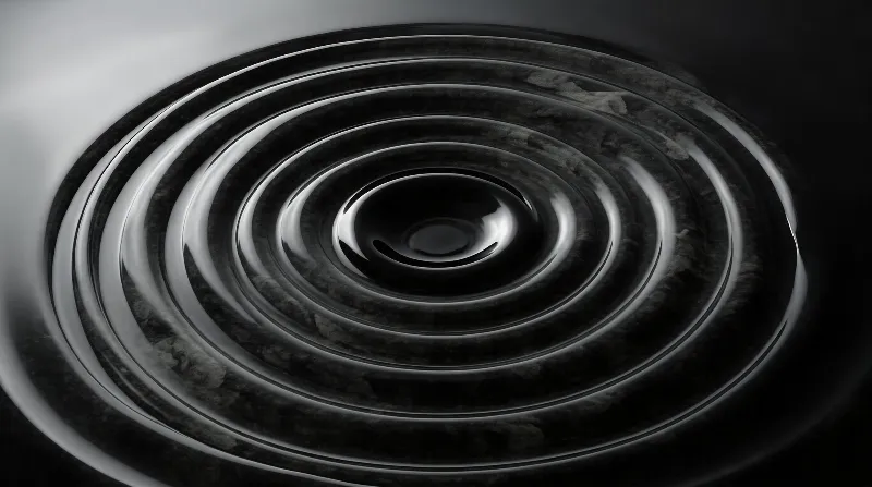 A monochrome image of spiral water waves with concentric ripples and subtle light reflections