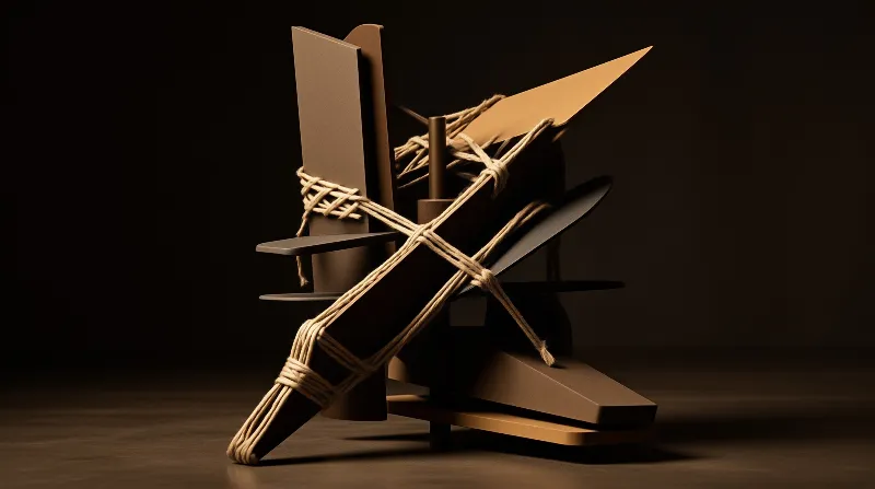 Dark geometric shapes bound by beige rope rest on a smooth surface with dramatic lighting.