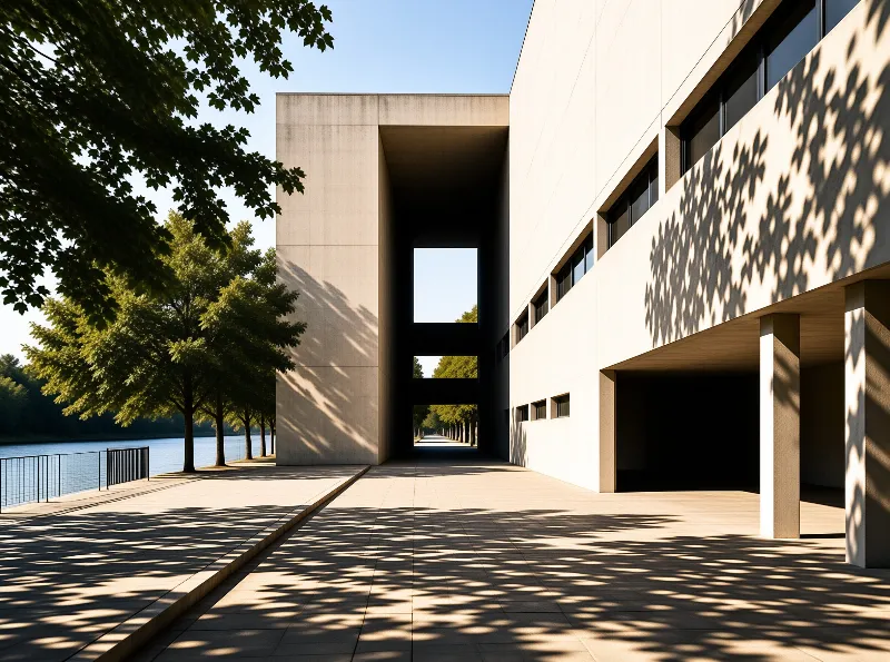 A minimalist concrete building with a tall rectangular opening frames a tree-lined walkway beside a calm lake.