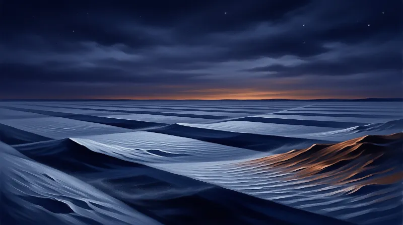 Wind shaped desert dunes stretch to the horizon, touched by faint warm sunset glow against a star filled dark night sky.