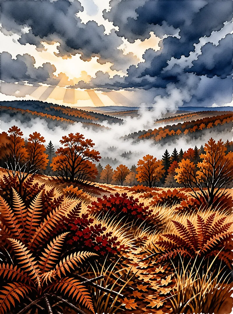 Watercolor painting of hills with autumn trees where dark clouds part to reveal sunlight beams over misty valleys.