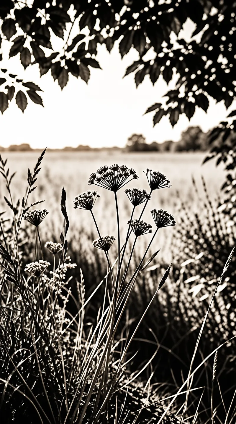 Tall wildflowers and grasses stand in a meadow near a blurred lake framed by overhanging dark leaves.