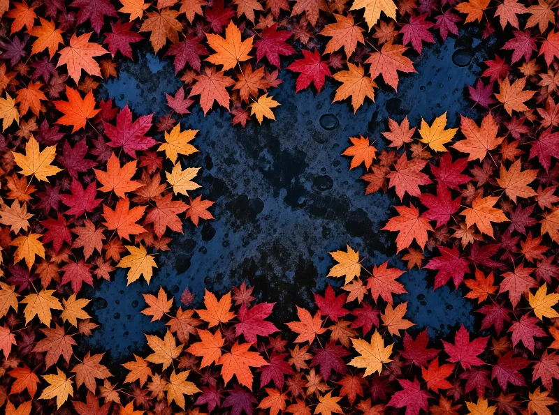 A ring of orange and red foliage borders a wet, blue-gray paved area scattered with small droplets.