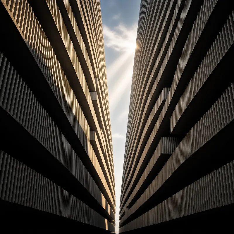 Low angle view of two ribbed high-rise buildings with sunlight shining through the narrow gap between their facades.