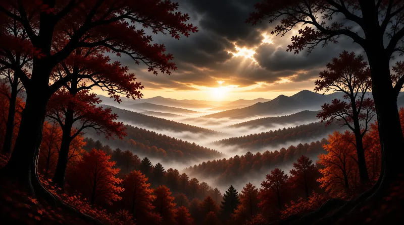 Red autumn trees frame a misty mountain valley at dawn, where warm sunlight bursts through heavy clouds to light the layered forested ridges.