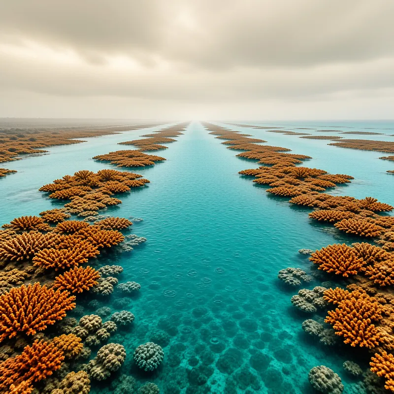 Symmetrical coral formations flank a central channel of blue water stretching to the horizon under cloudy skies