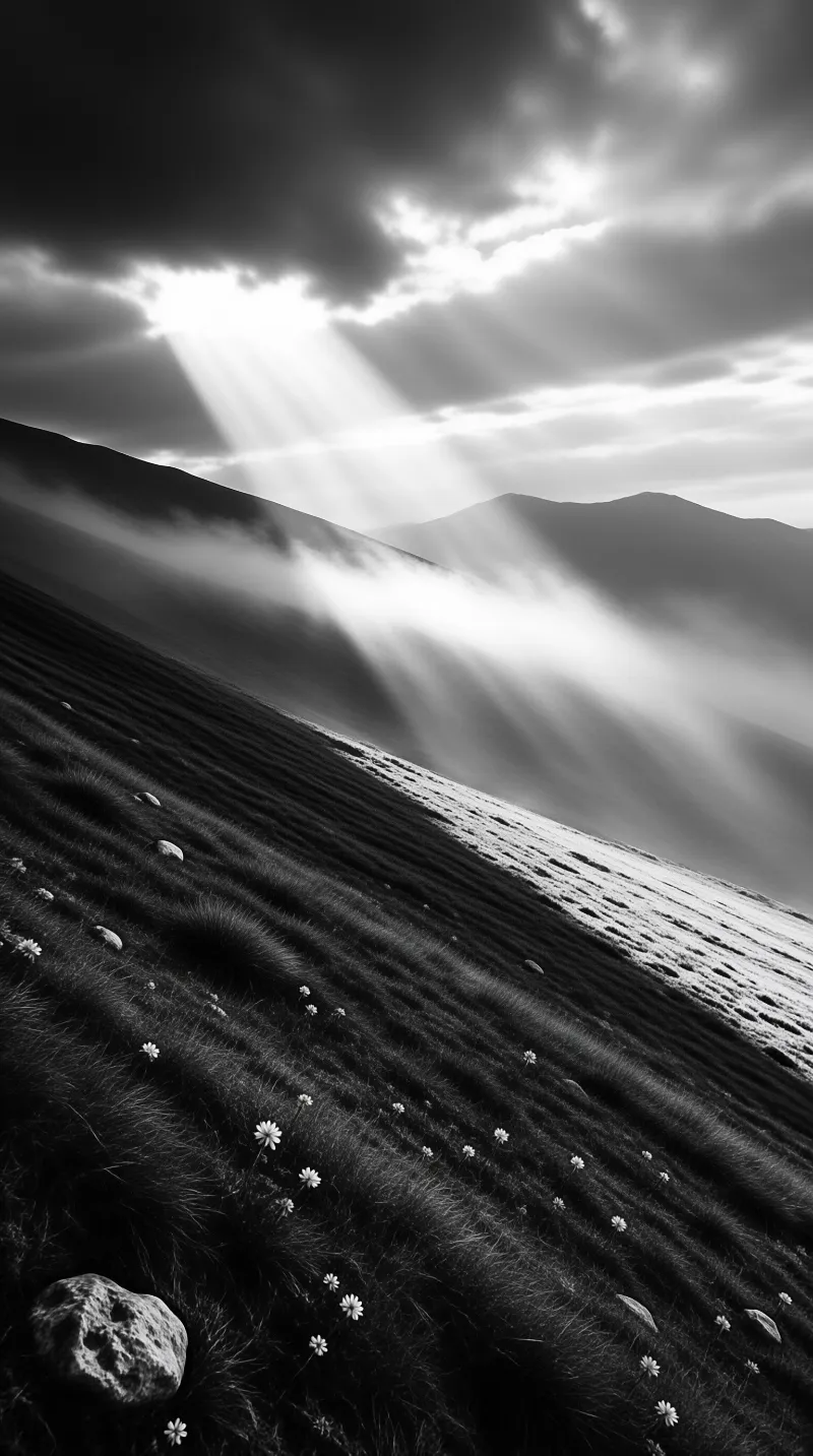 Small white flowers dot a tufted grass slope as sunlight breaks through clouds to illuminate misty mountains.