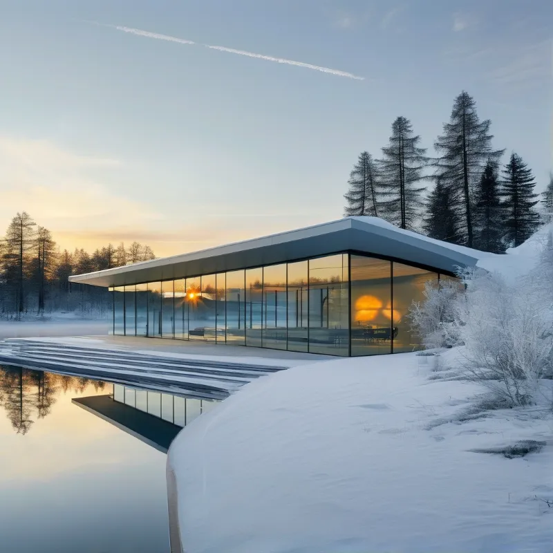 A low glass building glows warmly against a frozen lake and snow-covered pines during twilight.