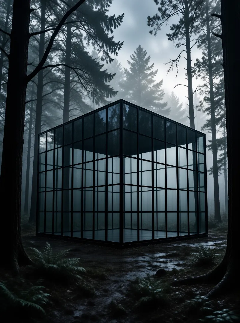 A large transparent glass cube stands alone in a foggy forest surrounded by tall dark trees.