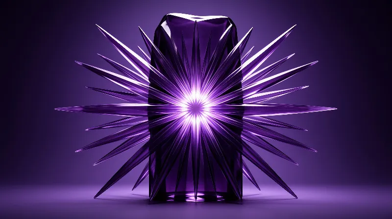 A dark purple crystal column radiates intense light from its core, with sharp spikes extending outward into the dark space.