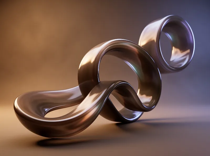 A glossy bronze band twists into open loops and rests on a seamless studio backdrop lit warm on one side.