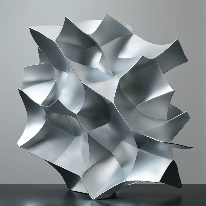 Abstract silver sculpture composed of folded metal sheets standing on a dark reflective surface with soft lighting.