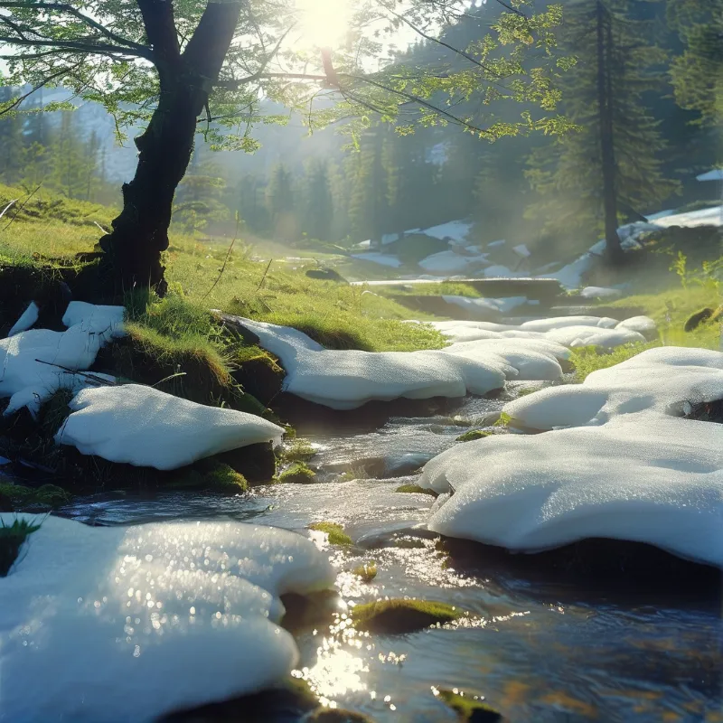 Sunlight highlights a forest stream flowing past banks covered in thick melting snow patches.