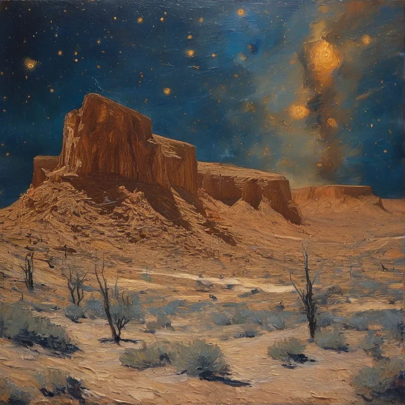 An impressionist desert night with a flat-topped mesa beneath a swirling star-filled sky.