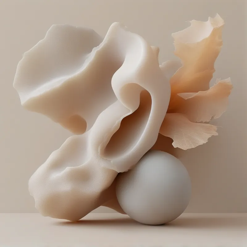 A smooth white sphere anchors a composition of flowing, cream-colored abstract shapes with soft lighting.