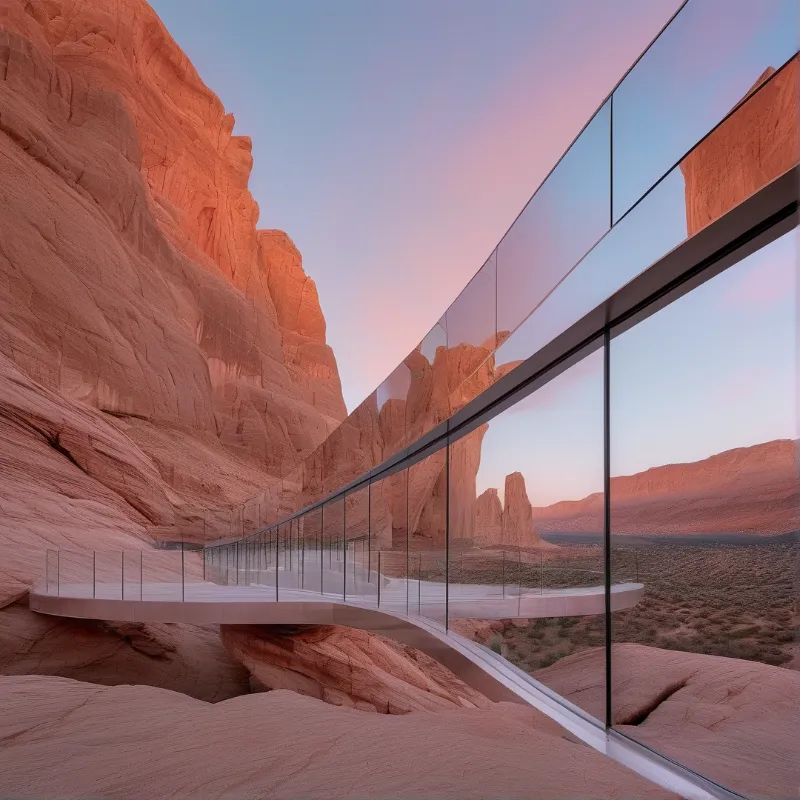 A curved transparent walkway extends over rugged red rock formations in a desert canyon during a soft pink and blue sunset.