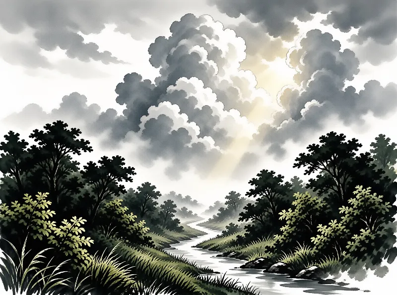 A slender stream curves through dark green trees while tall cumulus clouds part to let sunlight spill across the water.