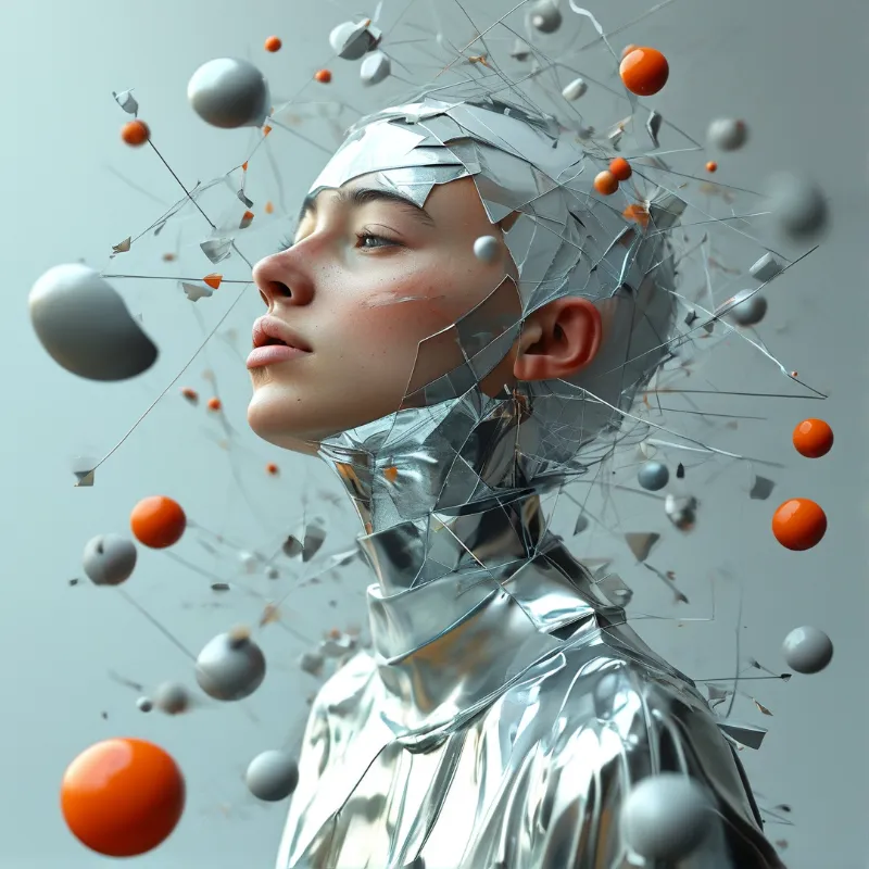 A young man's profile blends with crumpled silver foil exploding into fragments and floating orange spheres.