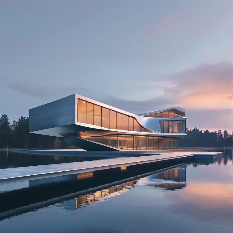 A sculptural glass building hovers above a reflecting pool while dusk tints the sky and its interior glows amber.