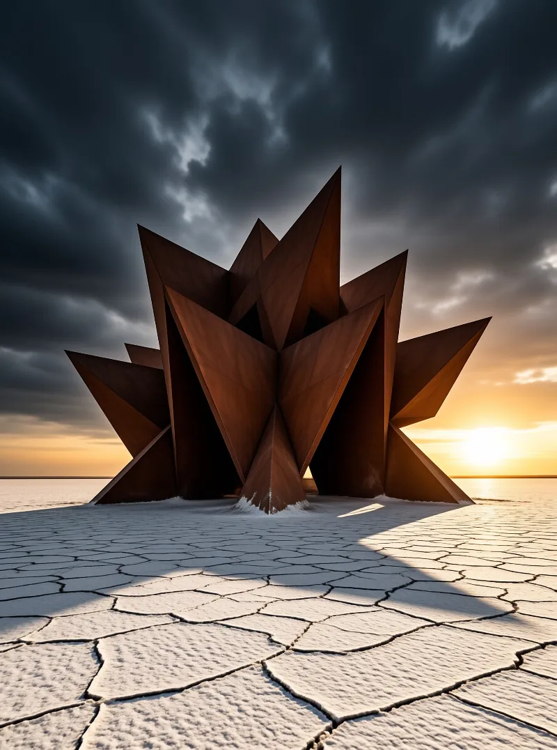 A rusted steel starburst sculpture stands on cracked white salt flats beneath storm clouds at sunset.